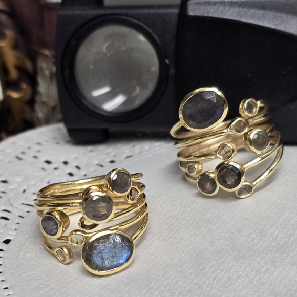 14KT GOLD PLATED POLKI DIAMOND LABRADORITE RING - Picture 5 of 6